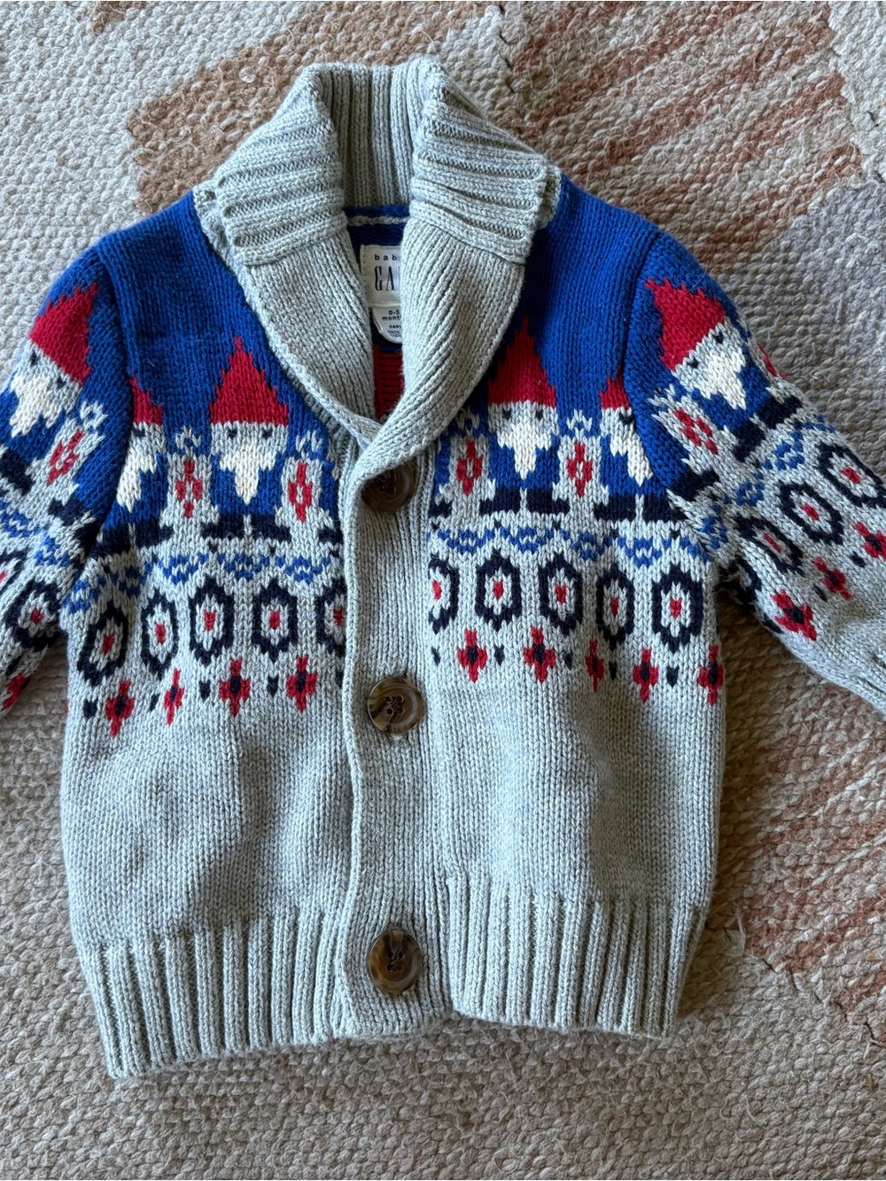 Baby Gap Boys Fair Isle Gnome Print Cardigan Sweater Gray Blue Red 0-3 Months